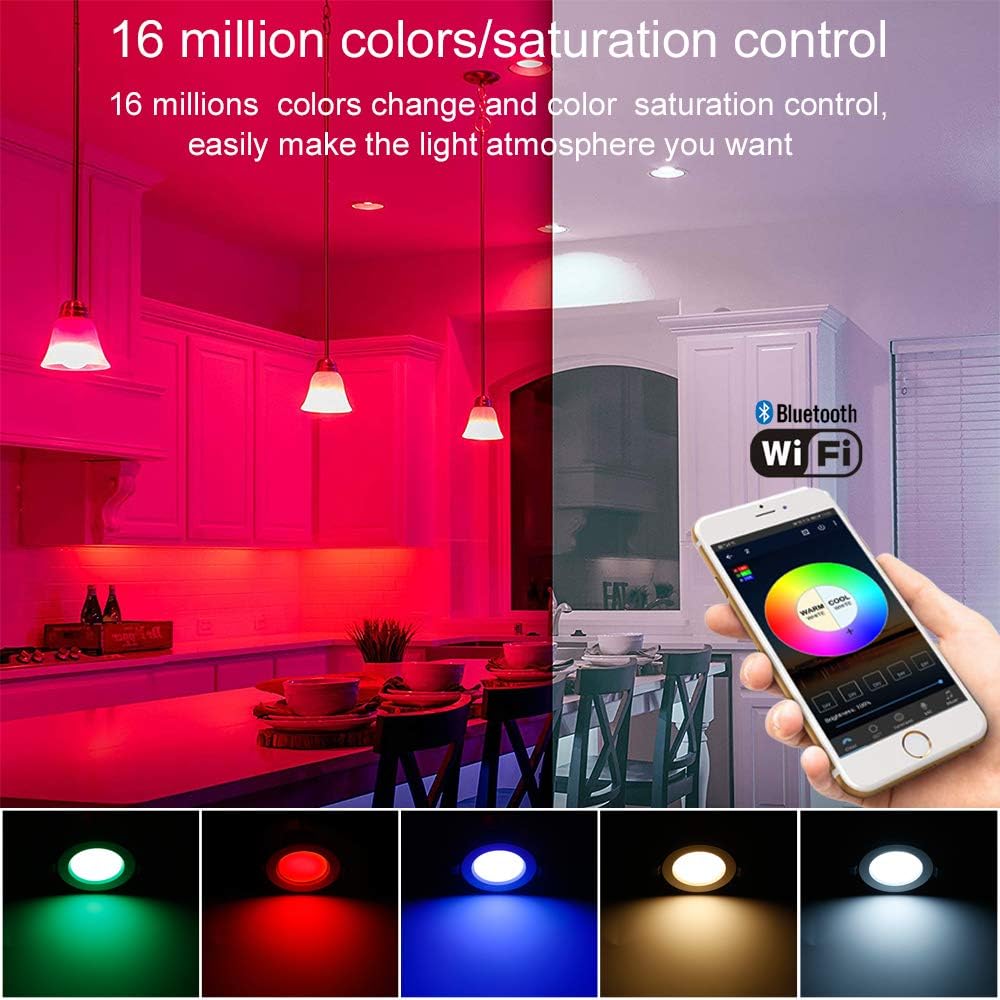 Sumaote – Kit de luces descendentes LED de 5W, inalámbricas, con control por Bluetooth, empotrables, RGBWC, 5 en 1, para iluminación de techo,