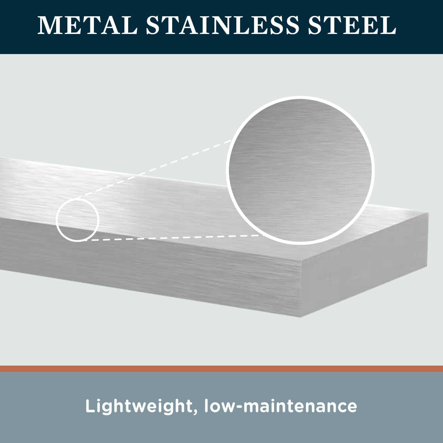 MANTELSDIRECT Titus – Estante de metal de acero inoxidable para repisa, acabado cepillado de 68 pulgadas, hermoso estante moderno, perfecto para