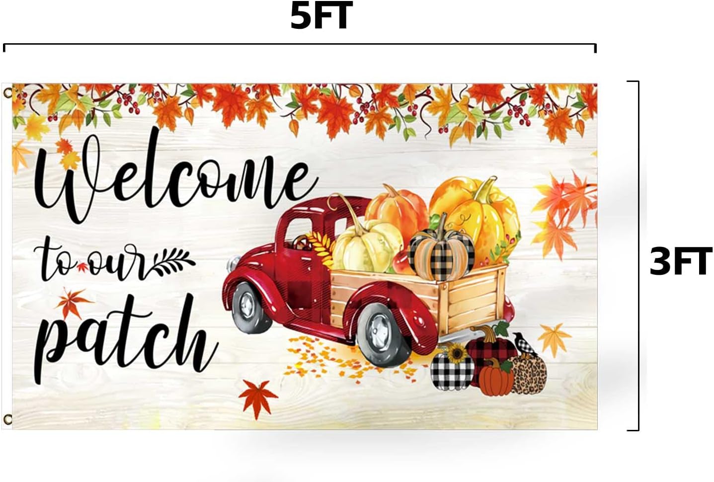 FLCHWY Bienvenido a nuestra bandera de parche de 3 x 5 pies, bandera de hojas de arce de calabaza, cosecha de otoño y verano, decoración de