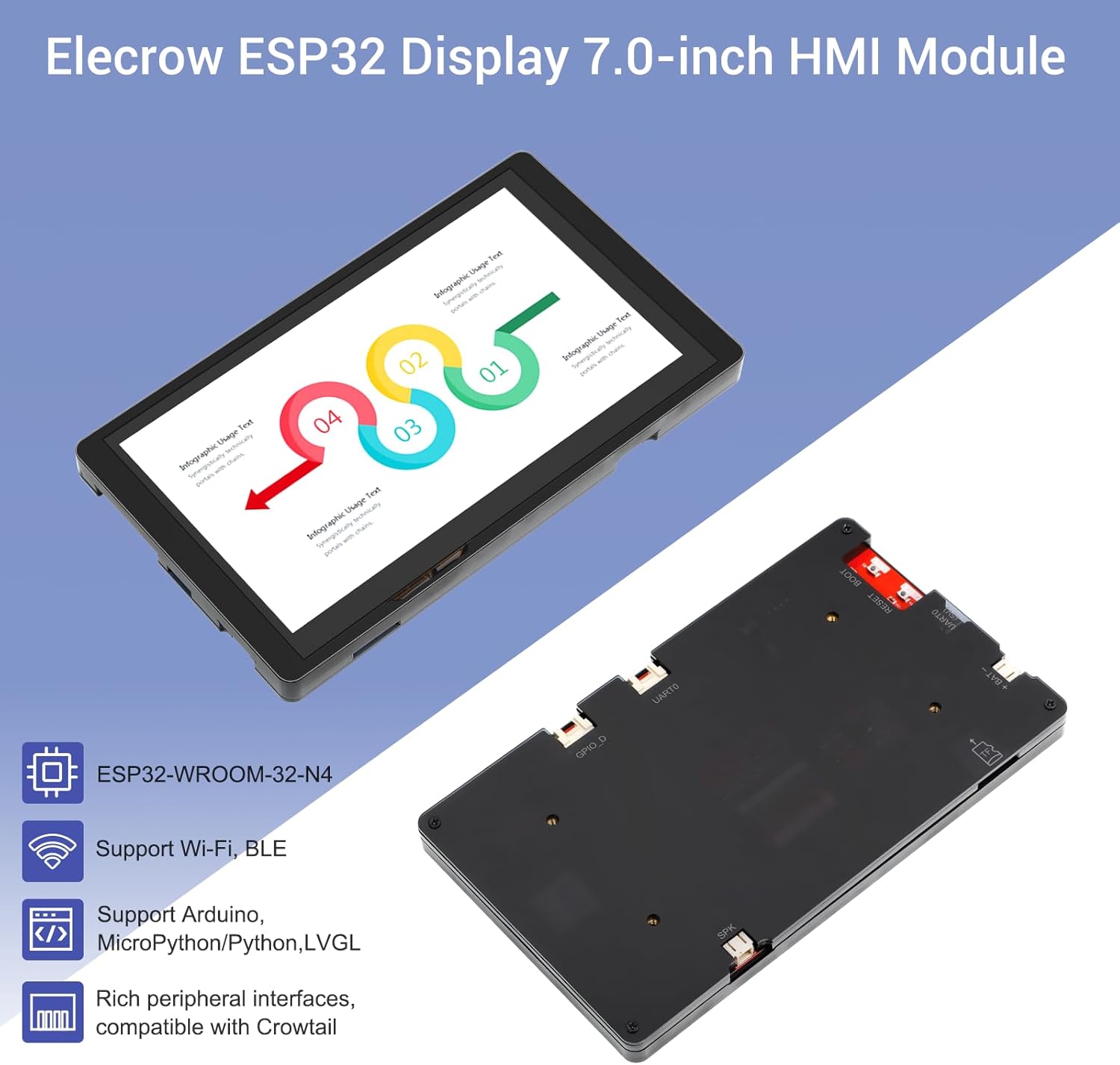 ELECROW ESP32 Monitor de pantalla táctil TFT LCD de 7 pulgadas Pantalla táctil 800×480 SPI HMI Pantalla ESP32-S3-WROOM (con estuche)