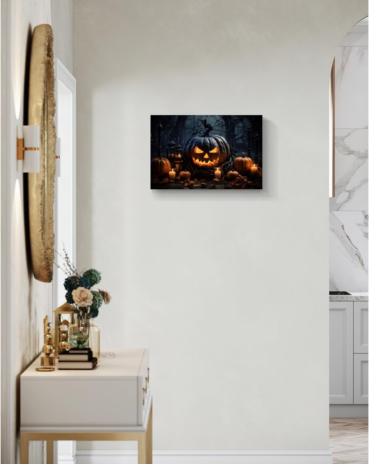 Decoración de Halloween para el hogar, Jack-O’-Lantern en el altar, arte de pared de lienzo negro sonriente espeluznante linterna de calabaza con