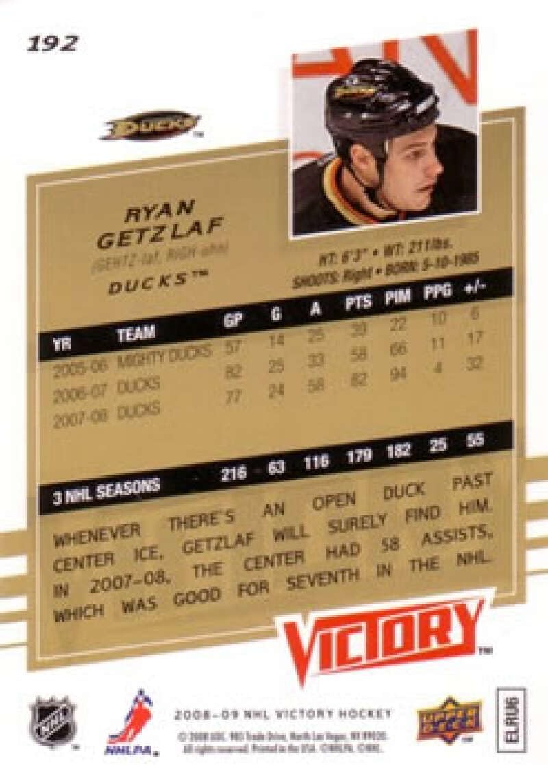 2008-09 Upper Deck Victory Hockey #192 Ryan Getzlaf Anaheim Ducks Official NHL Trading Card (Stock Photo Shown, Near Mint or Better Condition)