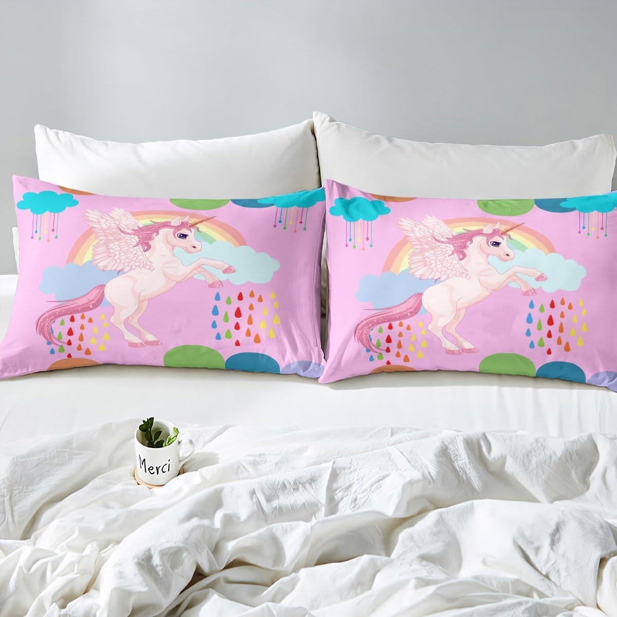 Manfei Juego de funda de edredón de unicornio rosa, tamaño matrimonial, funda de edredón de nubes arcoíris de dibujos animados con 2 fundas de