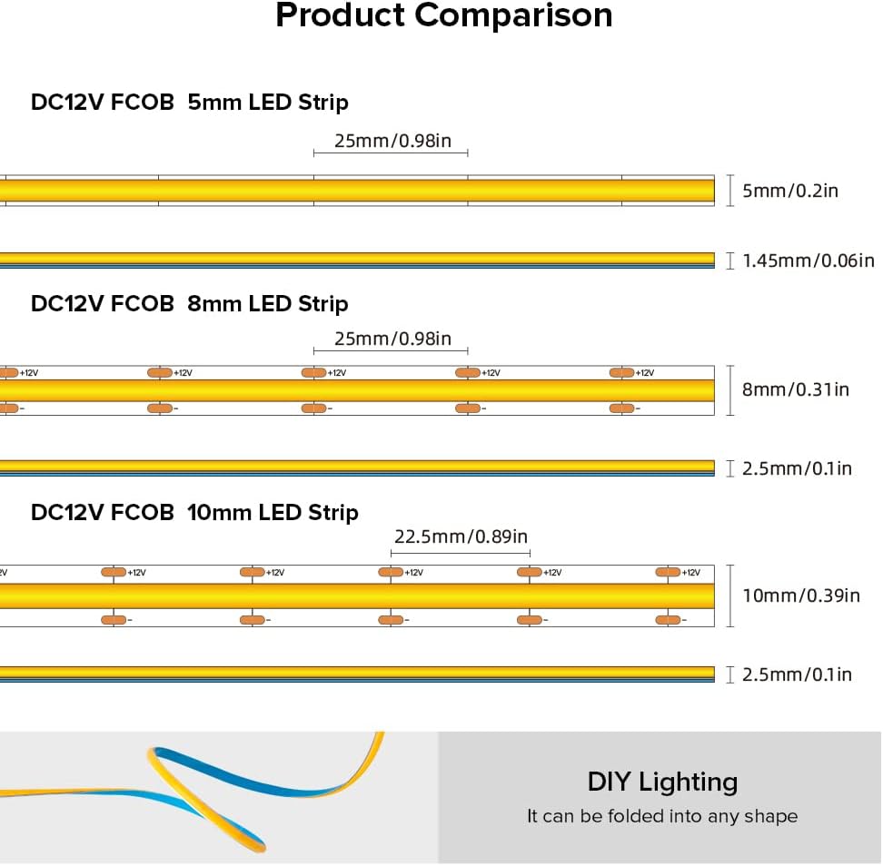 COB – Tira LED flexible de alta densidad de 6.56 pies, 480 LEDm, 0.197 in, sintonizable, 3000 K, CRI 90+, cinta de luz LED deformable regulable para