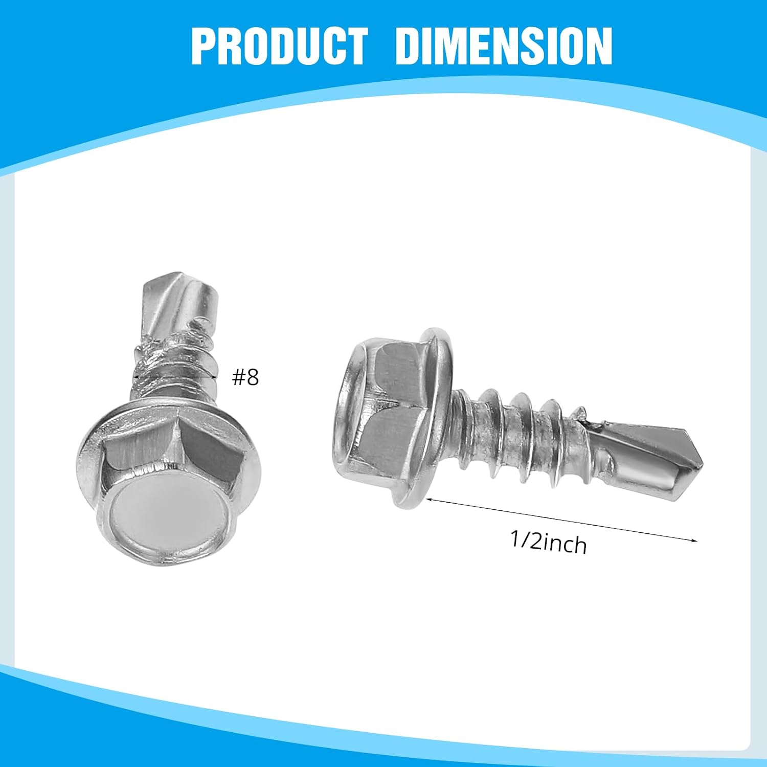 Zonon 500 tornillos autoperforantes de cabeza hexagonal #8 x 12 pulgada para chapa de metal, tornillos autorroscantes de acero inoxidable 410,