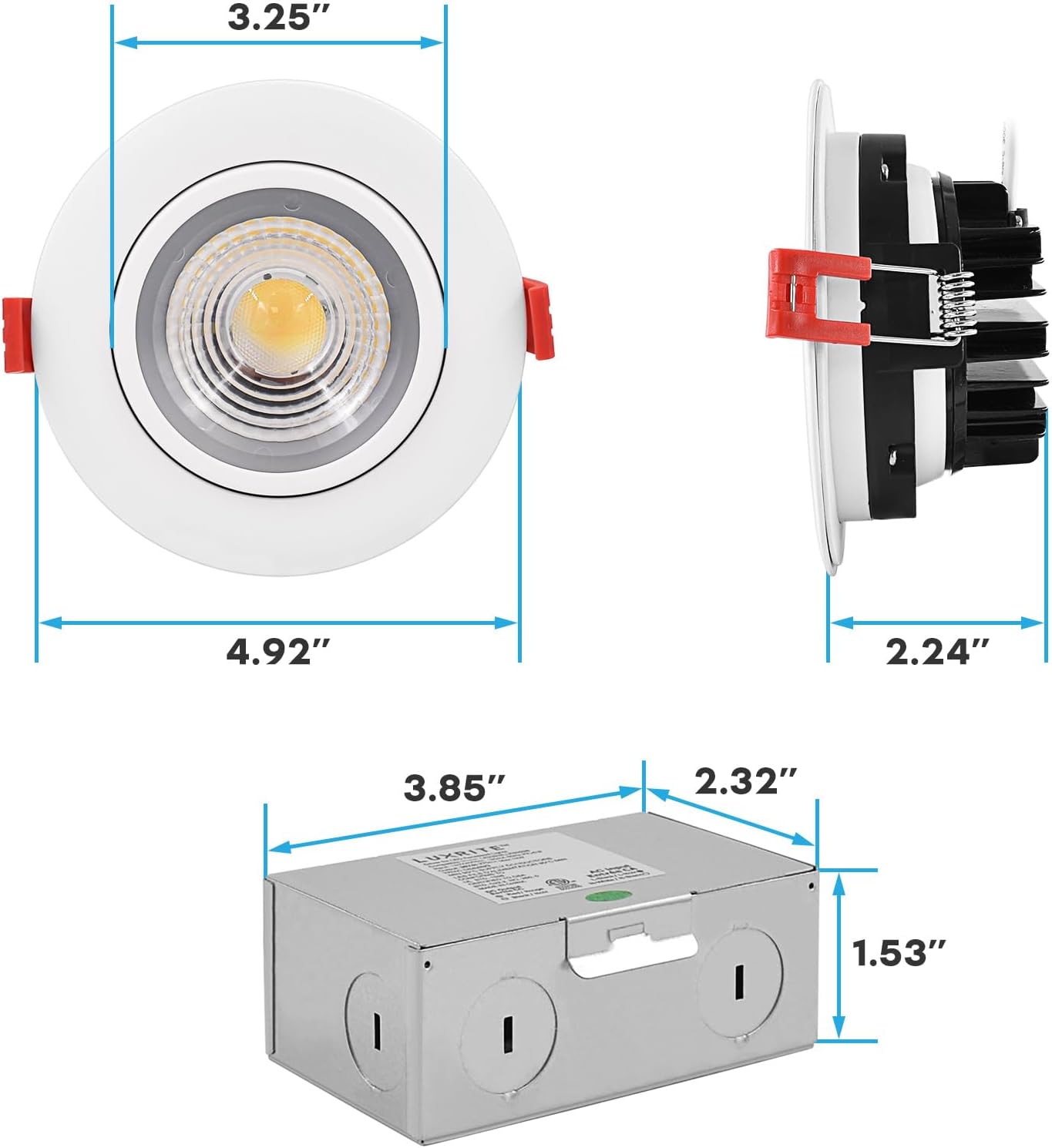 LUXRITE Luz empotrable LED cardán de 4 pulgadas con caja de conexiones, 11 W  75 W, 5CCT seleccionable 2700K-5000K, luces oculares LED giratorias