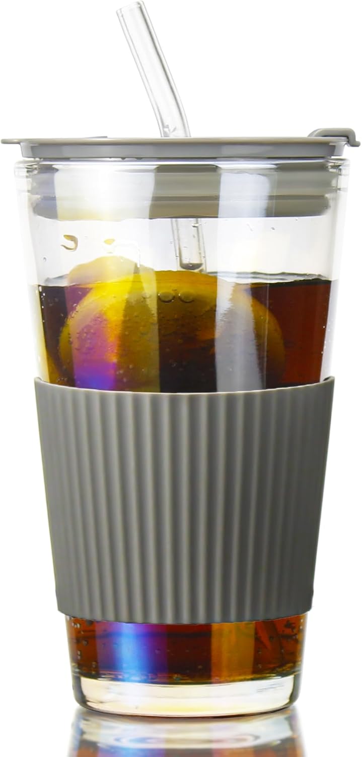 Vaso de vidrio de 15 onzas con popote y tapa de vidrio, taza de café helado colorida Aurora de 15.2 fl oz con funda protectora de silicona, cabe en