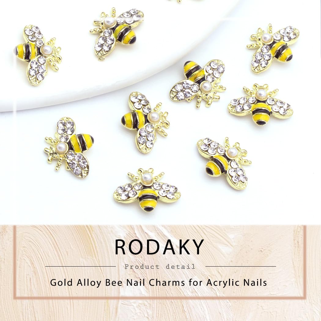 RODAKY 10 dijes de arte de uñas de abeja dorada 3D de aleación de oro de abejas para uñas, diseño de bricolaje, lindo kawaii para uñas de cristal de
