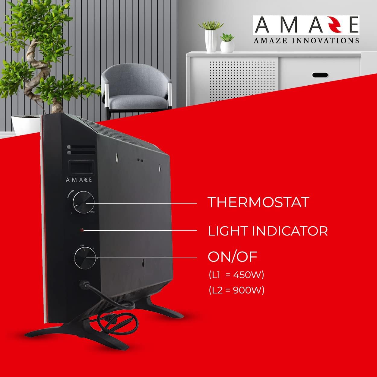 Amaze-Heater Calentador eléctrico de panel de vidrio de convección dual modelo CLASSIC  120 V, 450900 W (15343068 BtuHr)  Ideal para habitaciones de