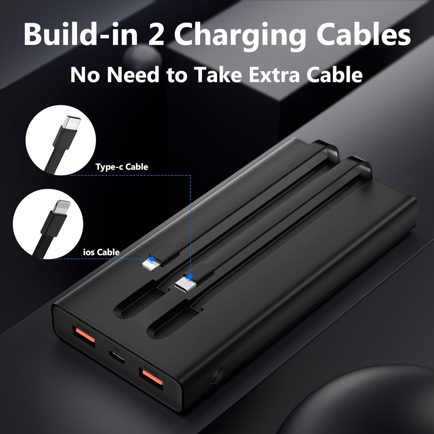 Cargador portátil con 2 cables integrados (USB-C e iOS), cargador de teléfono duradero de carga rápida PD de 13000 mAh con pantalla LED, cargador de