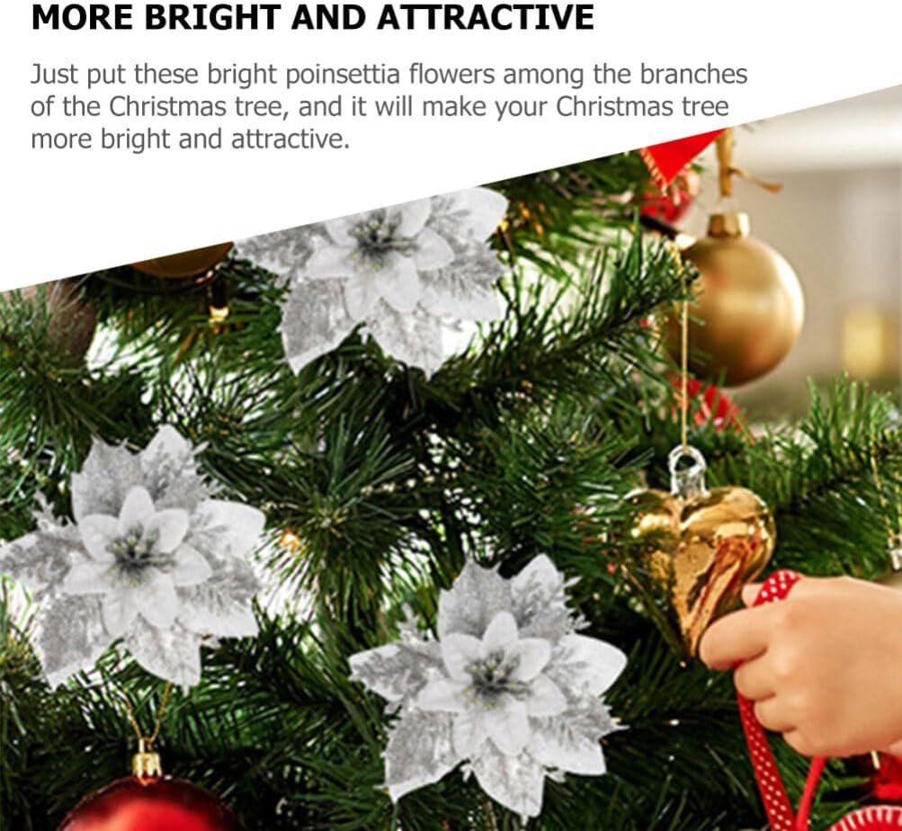 VOSAREA Decoraciones de Navidad, 24 piezas de flores de pascua de Navidad con purpurina artificial, flores en aerosol para árbol de Navidad,