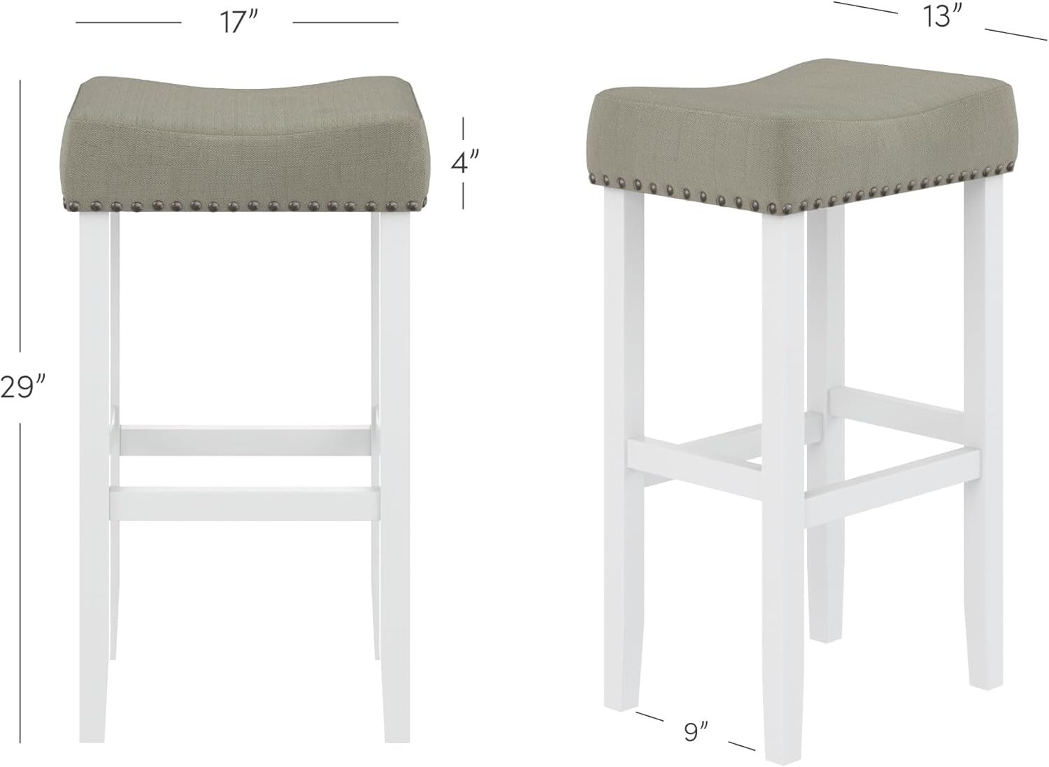 Nathan James Hylie Juego de 2 taburetes de bar de madera con tachuelas de tapicería, para cubierta de cocina, altura de pub, 29 pulgadas, gris