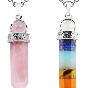 TUMBEELLUWA 2 collares con dije de punto de cristal curativo para colgantes de piedra de prisma hexagonal unisex con cadena TUMBEELLUWA 2 collares con dije de punto de cristal curativo para colgantes de piedra de prisma hexagonal unisex con cadena