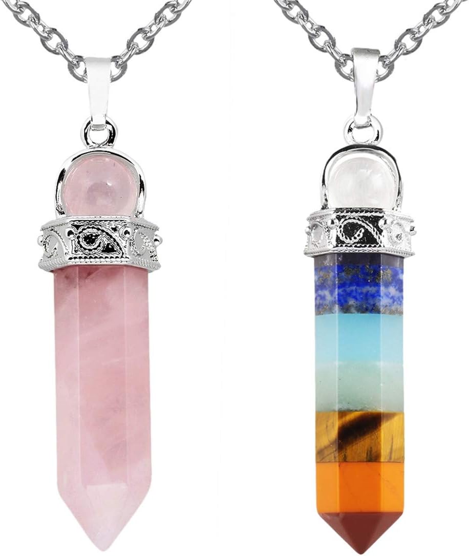 TUMBEELLUWA 2 collares con dije de punto de cristal curativo para colgantes de piedra de prisma hexagonal unisex con cadena