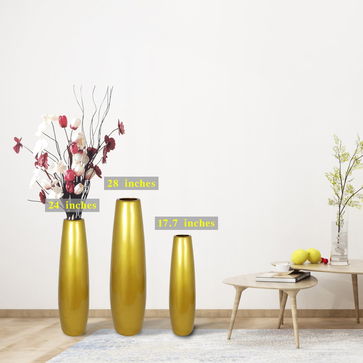 TDIAVH Jarrón de cerámica dorado de 28 pulgadas de alto, jarrones grandes y modernos para decoración de sala de estar, jarrón de mimbre grande para