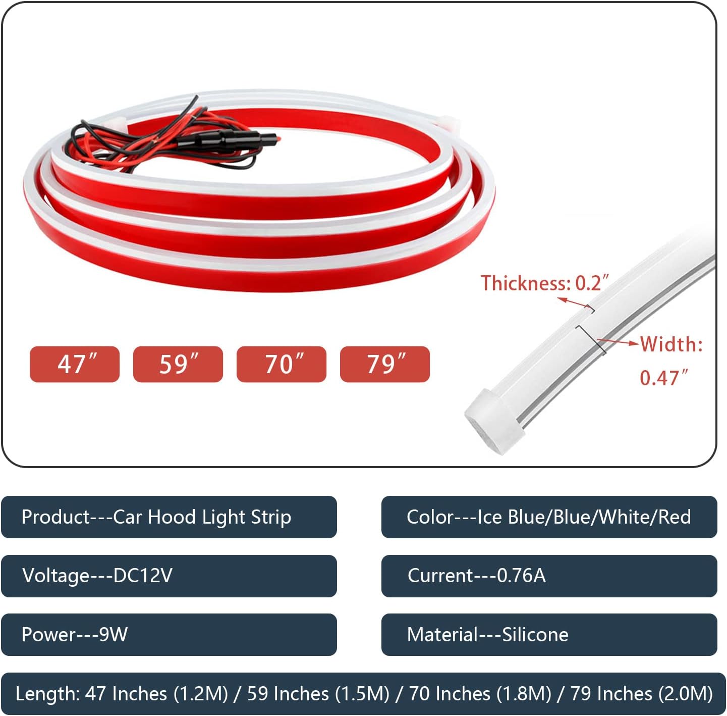 GZRUICA Tira de luz para capó de automóvil, 70 pulgadas, tira de luces LED blancas para capó, flexible, impermeable, escaneo dinámico DC12V, luces
