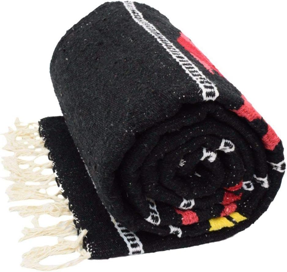 Manta de yoga mexicana gruesa de carbónnegrogris, diseño de pez serape, hecha a mano