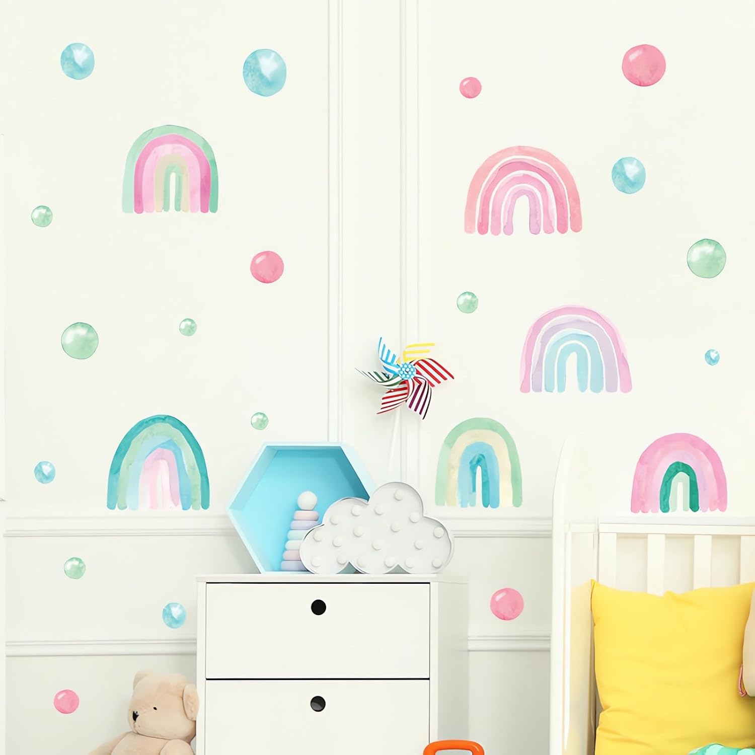sacinora – 7 hojas de 84 calcomanías de pared de lunares arcoíris coloridos, calcomanías de pared de arte circular, vinilo extraíble para niños,