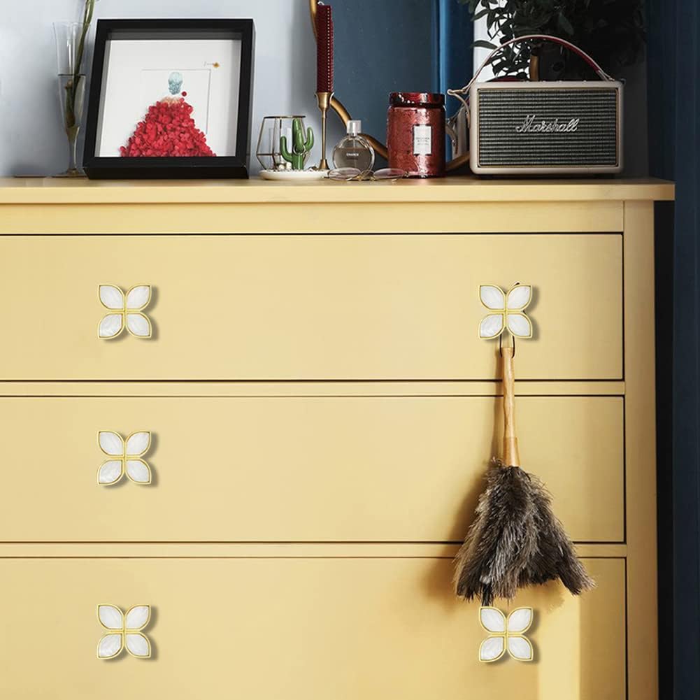 6 pomos de pétalos dorados para gabinetes de cómodas, pomos decorativos de trébol de cuatro hojas, manija para cajones de puertas y armarios,