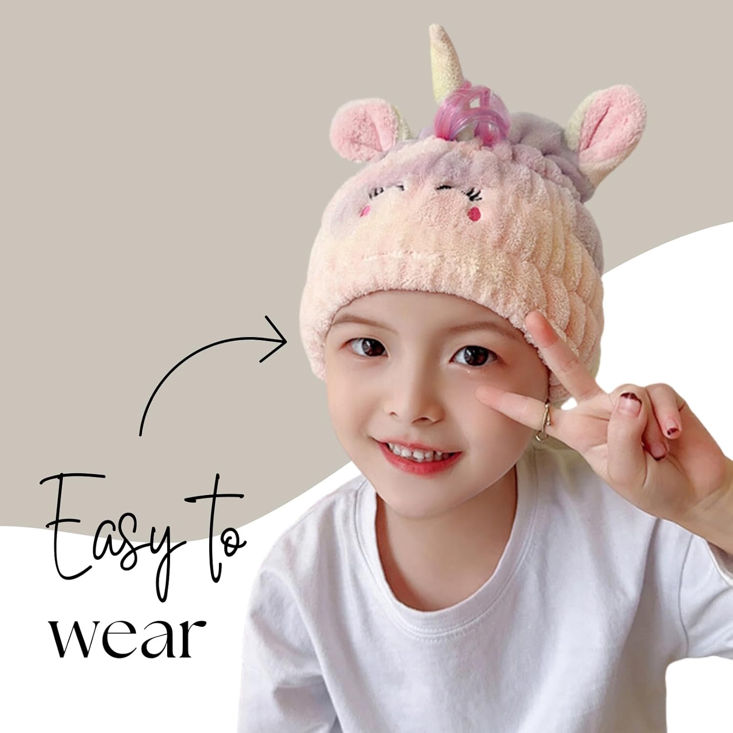 Toalla de microfibra para el pelo para niños, juego de gorro seco de unicornio con bandas elásticas para el cabello, toalla de secado rápido suave y