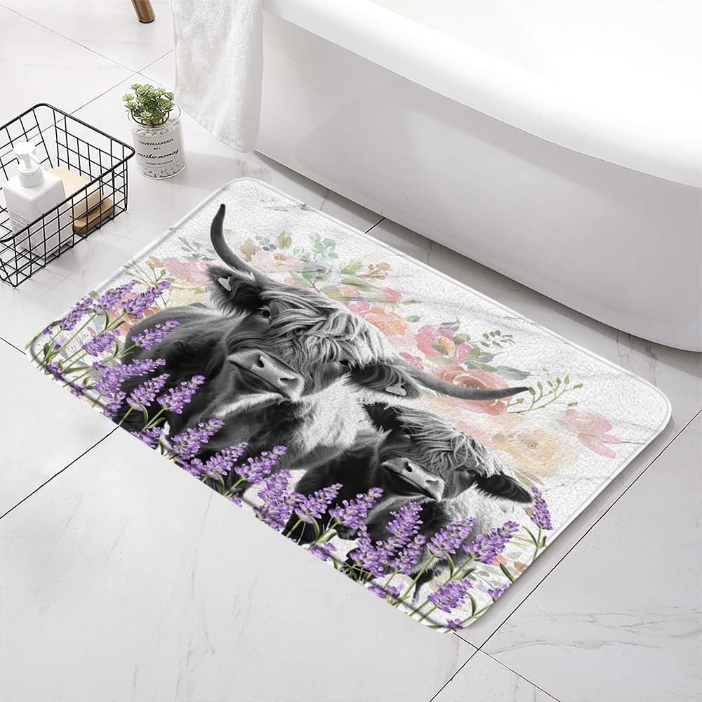 Farmhouse Highland Cows – Tapete de baño rústico de flores de lavanda, animales de granja, vacas grises, ganado, cuerno largo en mármol, alfombra de
