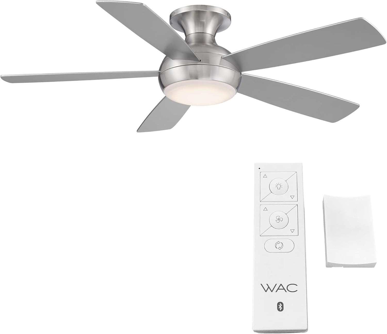 WAC Smart Fans Odyssey – Ventilador de techo empotrado de 5 aspas para interiores y exteriores, de níquel cepillado de 52 pulgadas con kit de luz