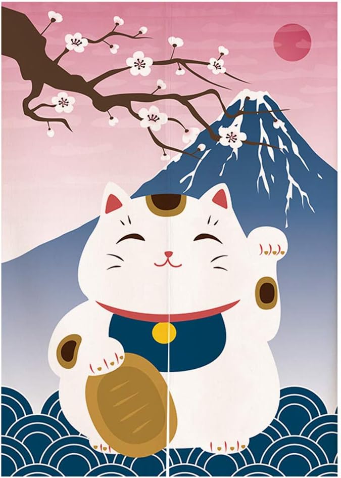 Cortina japonesa Noren para puerta, tapiz Maneki Neko Lucky Cat y Mount Fuji, cortina de puerta impresa Ukiyoe Cherry Blossom Divisor de habitación,