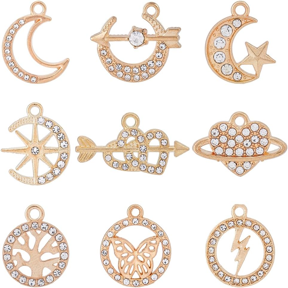 SUPERFINDINGS 54 colgantes de diamantes de imitación de luna de 9 estilos, de aleación, corazón, mariposa, colgantes, árbol, amor, forma de