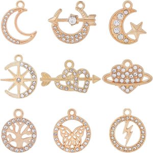 SUPERFINDINGS 54 colgantes de diamantes de imitación de luna de 9 estilos, de aleación, corazón, mariposa, colgantes, árbol, amor, forma de SUPERFINDINGS 54 colgantes de diamantes de imitación de luna de 9 estilos, de aleación, corazón, mariposa, colgantes, árbol, amor, forma de