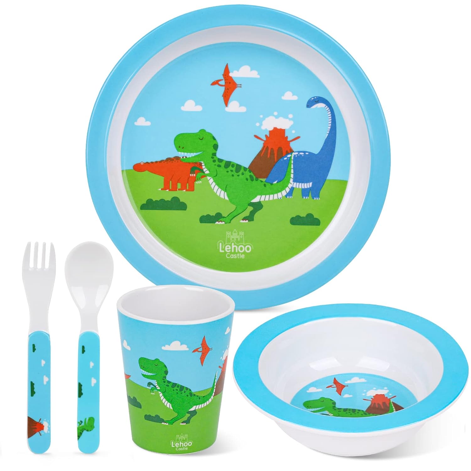 Lehoo Castle Juego de platos y cuencos para niños, juego de 5 piezas para alimentación de bebés, incluye plato, cuenco, taza, tenedor y cuchara,