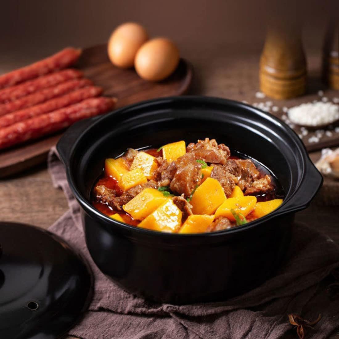 Cacerola con tapa de 3 cuartos de galón grande de cerámica profunda tapa de vidrio transparente doble asas para el hogar cocina