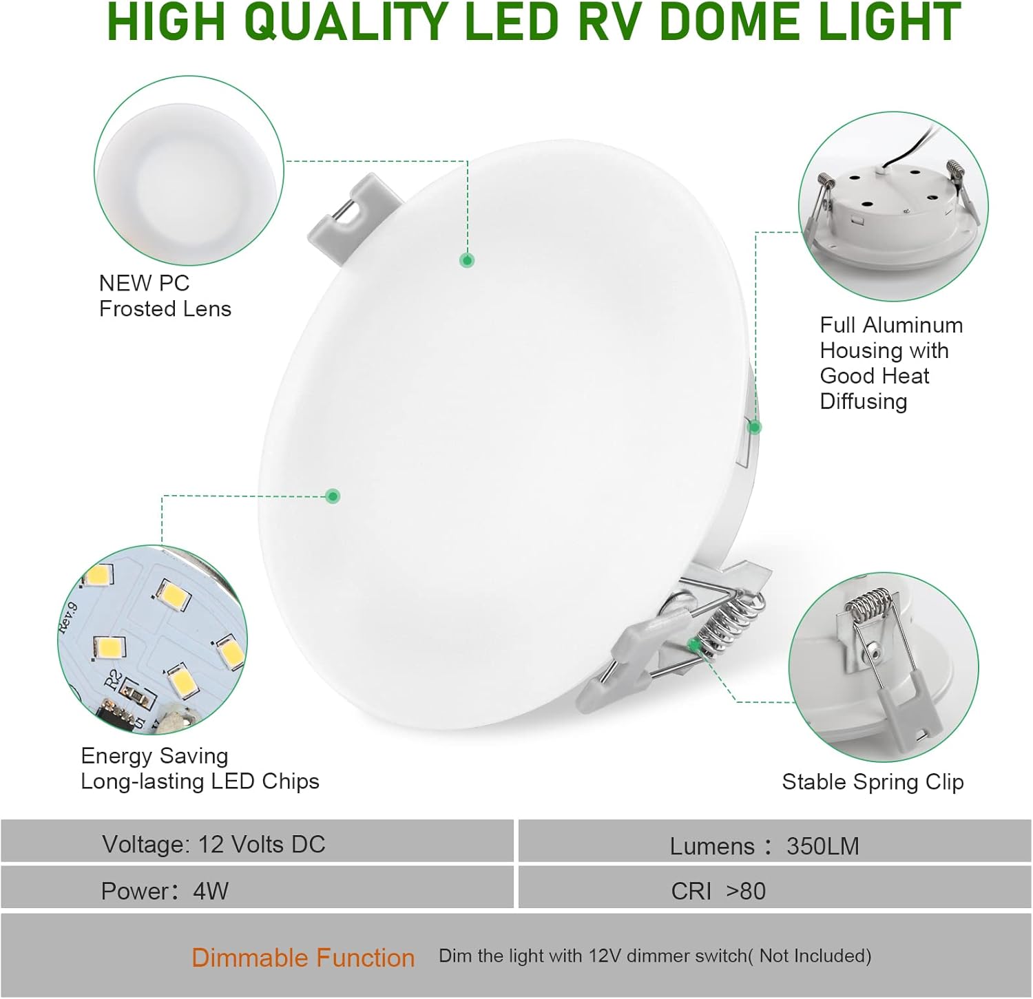Luz LED de techo empotrable para caravana de 4.5 pulgadas DC12V, luz de gabinete iluminación interior para caravana, caravana, remolque, barco,