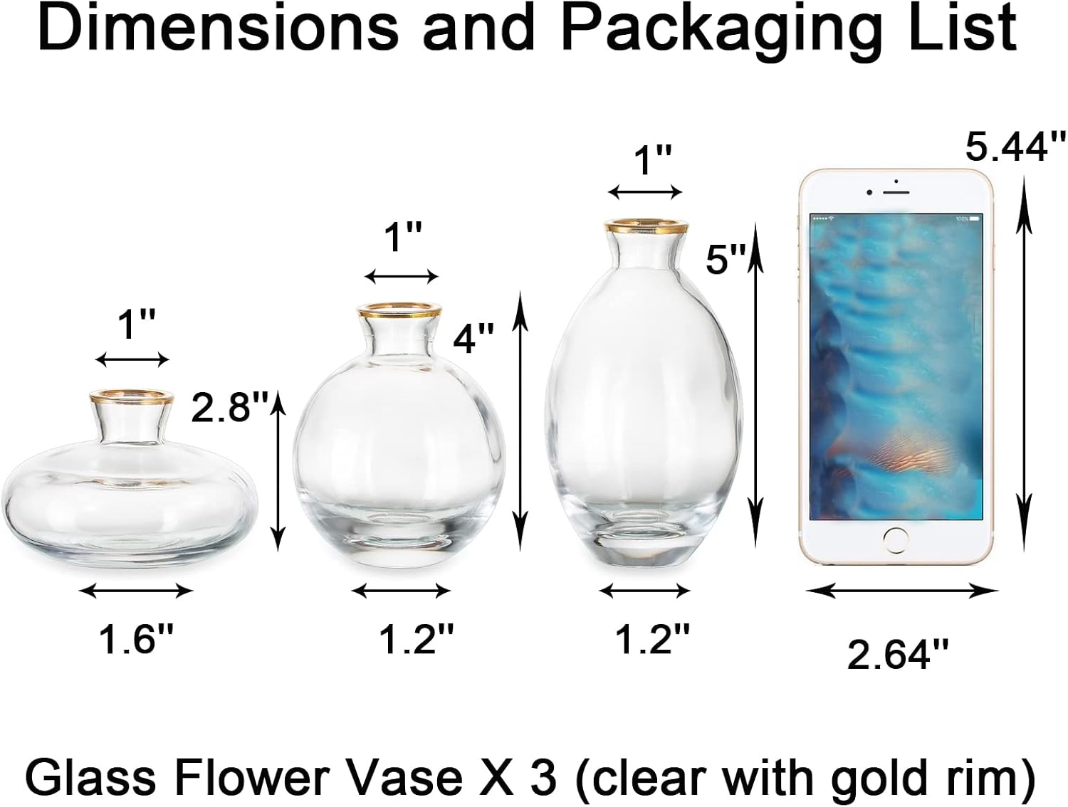 Small Vases for Centerpieces Glass Esmiome – Clear with Gold Rim 3pcsSet Bud Vases, Short Minimalist Vase Clear Modern Flower Vase Mini Tiny Vases