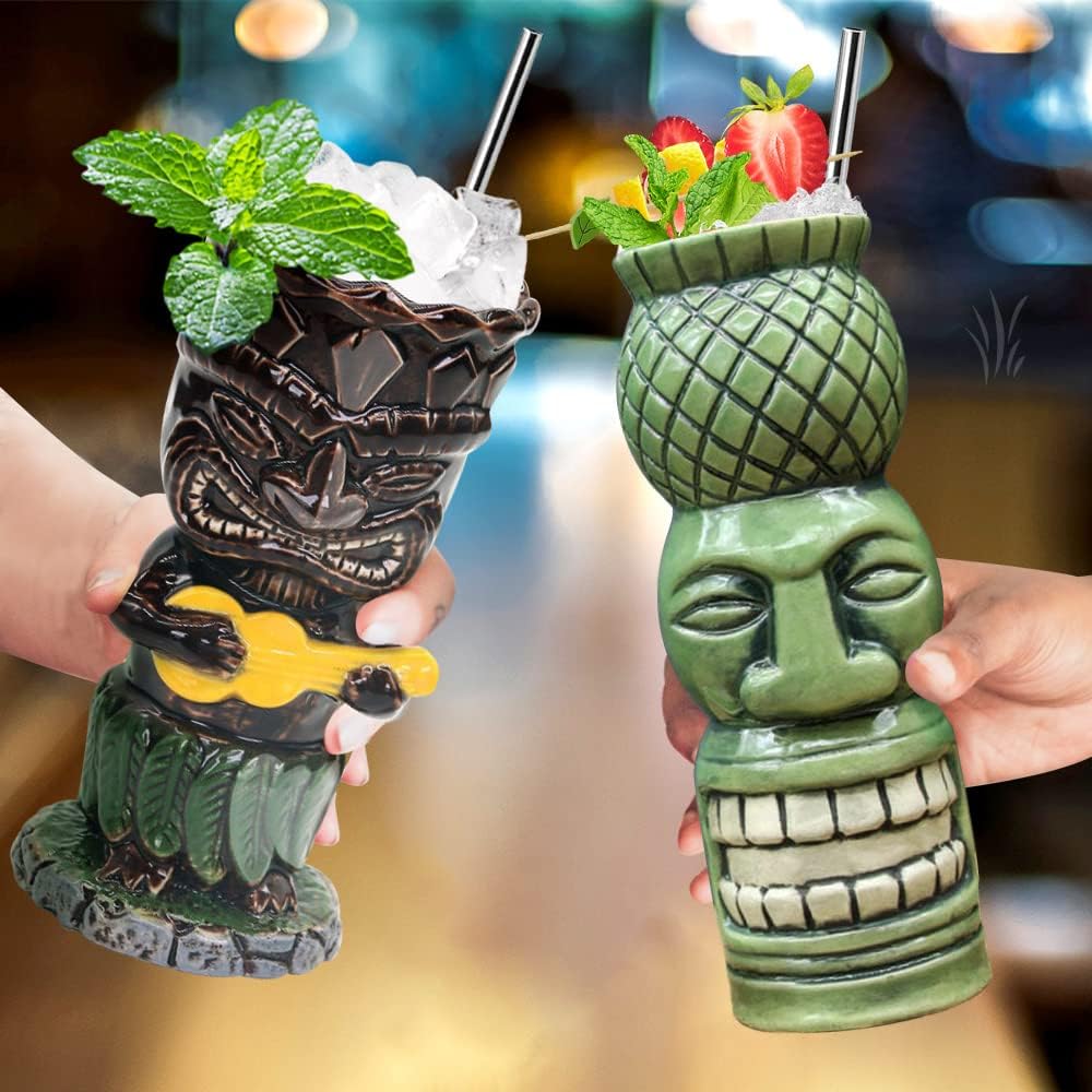 SuproBarware Tiki – Juego de 4 tazas de cerámica tropical, taza de cóctel hawaiano (juego de 4 piezas)