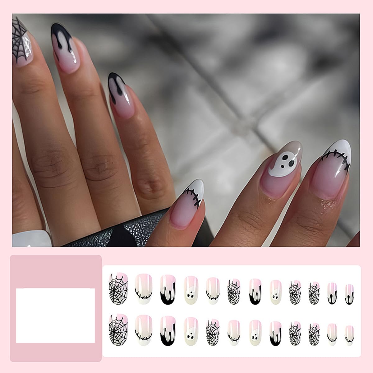 Uñas postizas ovaladas a presión de Halloween, uñas acrílicas de color rosa degradado con diseño de fantasmas, uñas con pegamento en las uñas