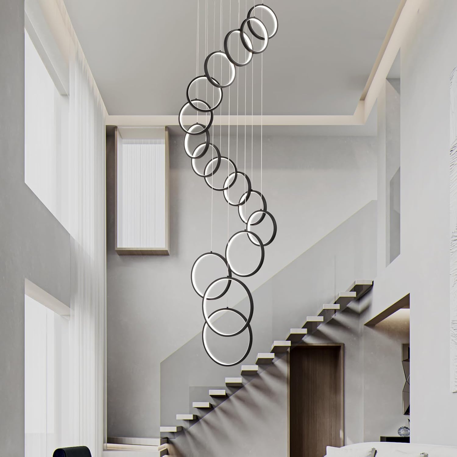 Modern Chandelier,Dimmable Black Chandelier with Remote Control 16 Rings Pendant Light Adjustable Height Hanging High Ceiling Light Fixture,for