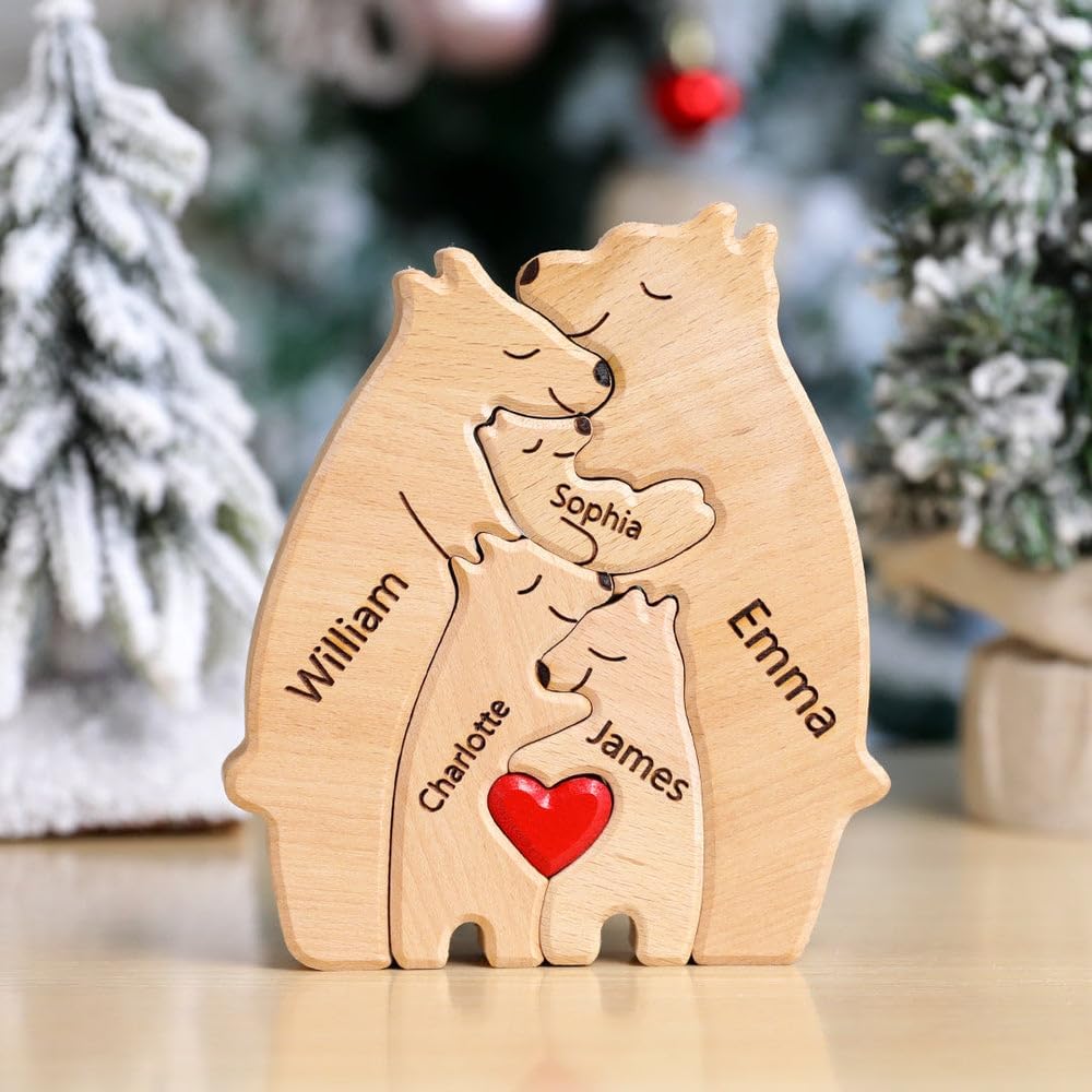 Rompecabezas de oso de madera personalizado con nombre de familia de 1 a 8, escultura de nombre de familia, ideal para Navidad, cumpleaños,