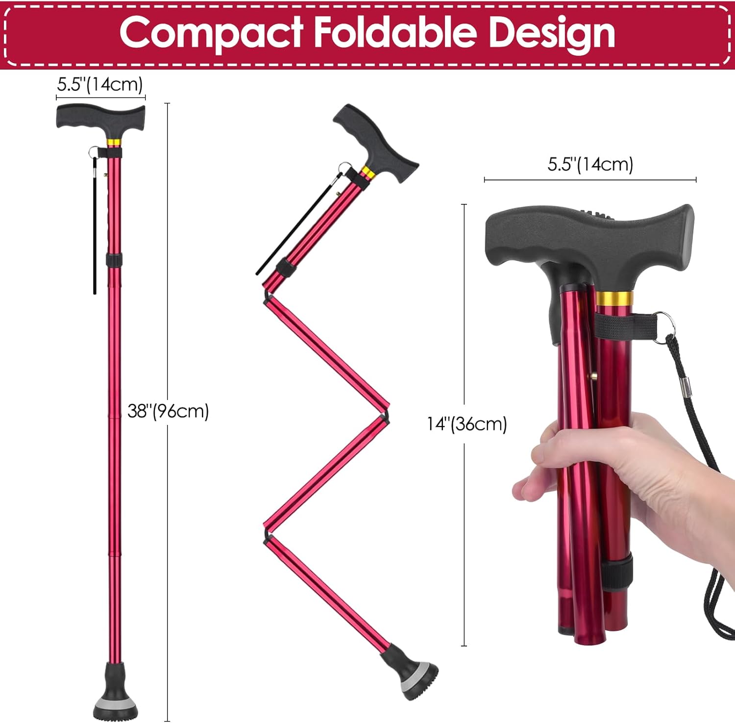 Walking Cane for Seniors Cool Canes for Women Men, Adjustable, Foldable, Collapsible Walking Canes with Storage Bag All Terrain Retractable Walking