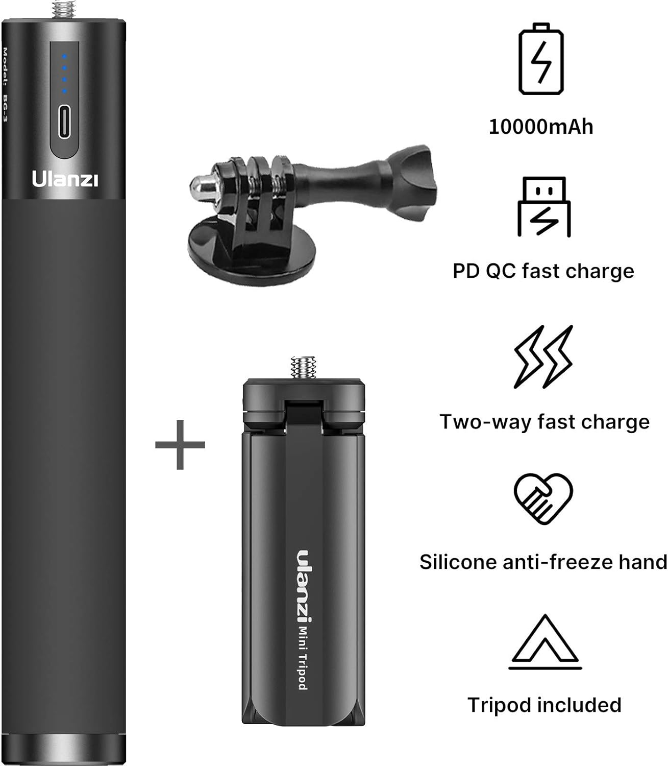 ULANZI BG-3 10000mAh Power Stick, PDQC, batería de carga para selfie, vlog, trípode monopie para GoPro Hero 10 9 8 7 6 5 negroGopro MaxInsta360DJI