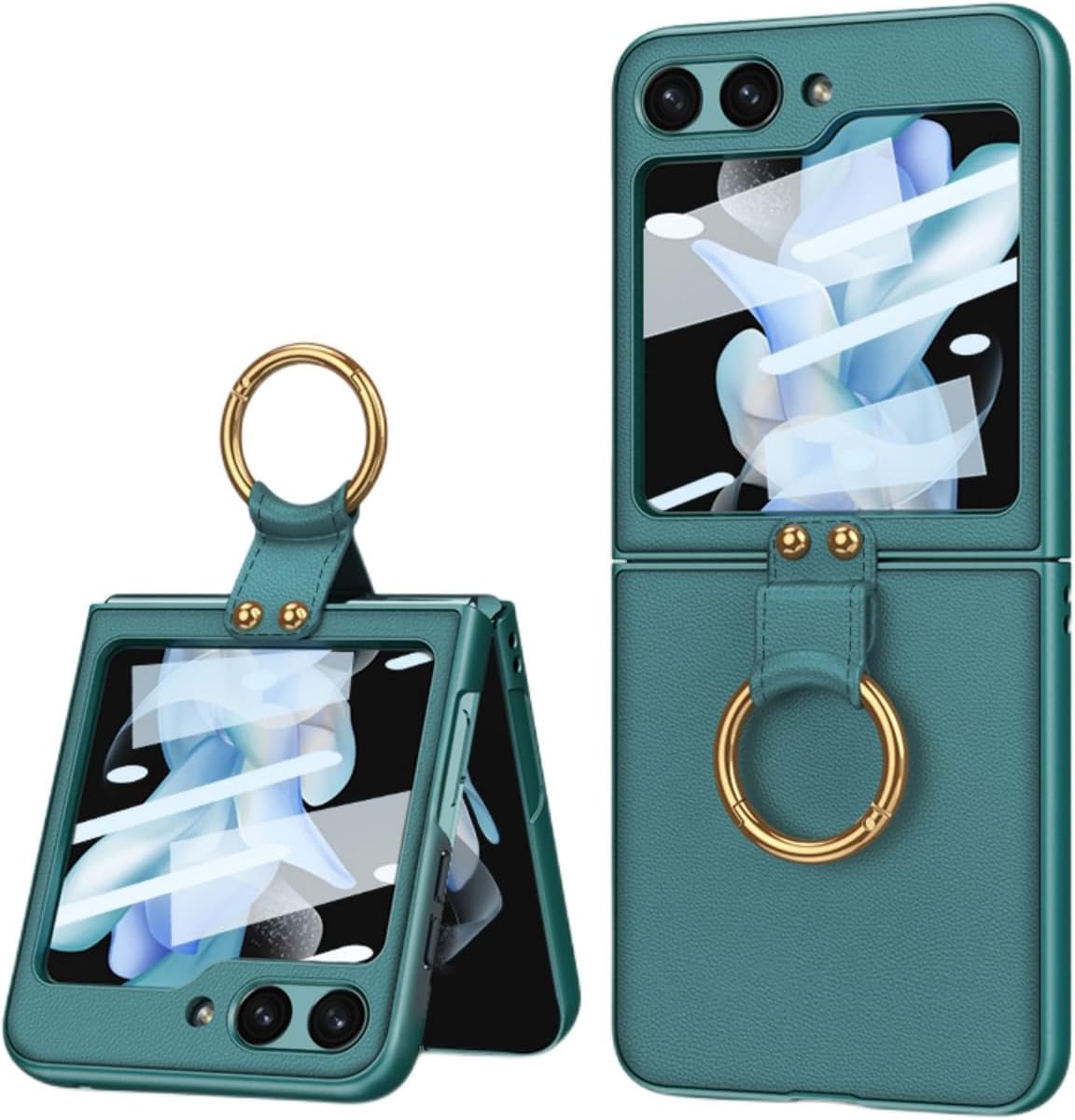 BAILI Funda de piel para Samsung Galaxy Z Flip5, Galaxy Z Flip 5 con anillo y película protectora de pantalla pequeña integrada, funda protectora