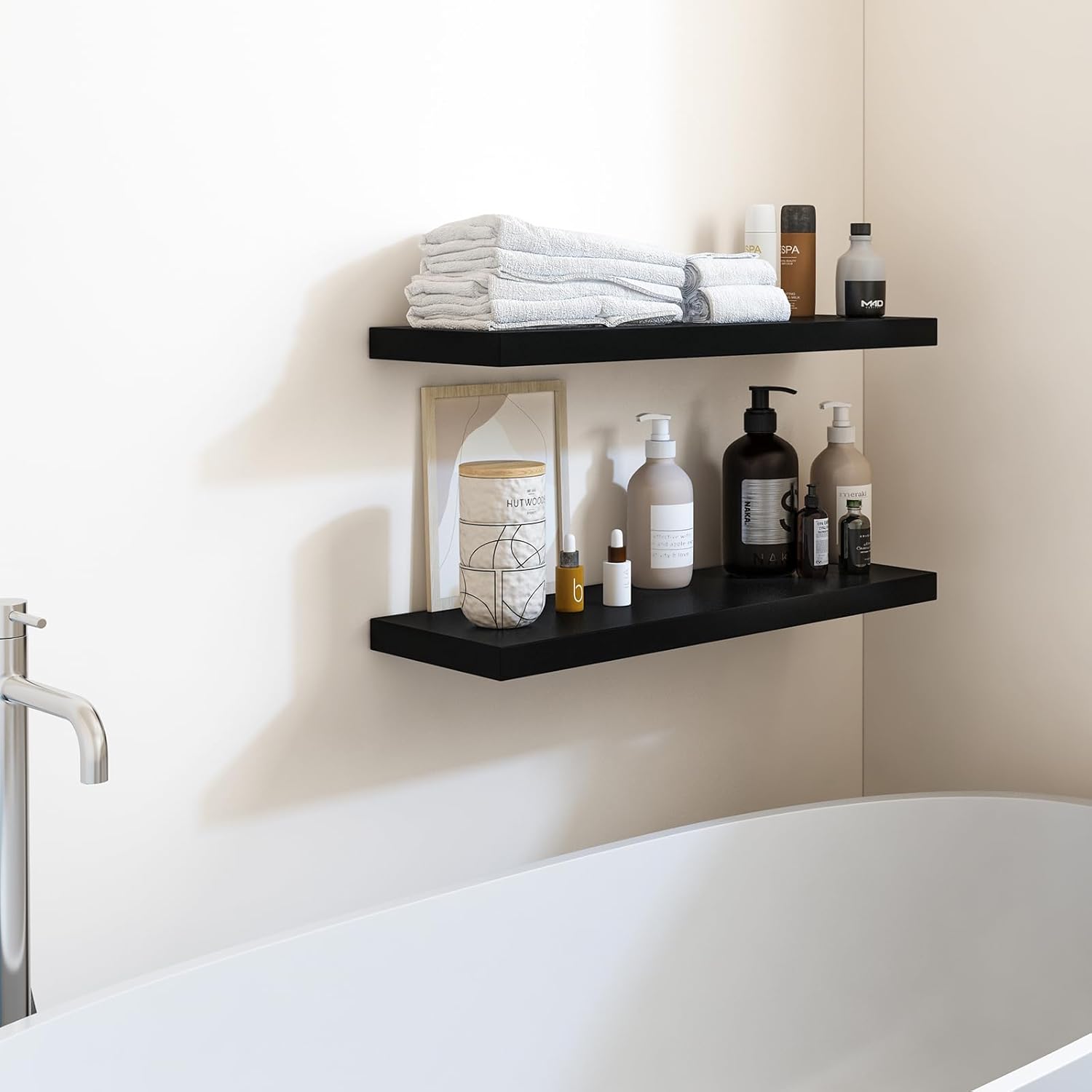 Fixwal Estantes flotantes de 24 pulgadas para pared, estantes negros para montar en la pared con soporte invisible para baño, sala de estar,