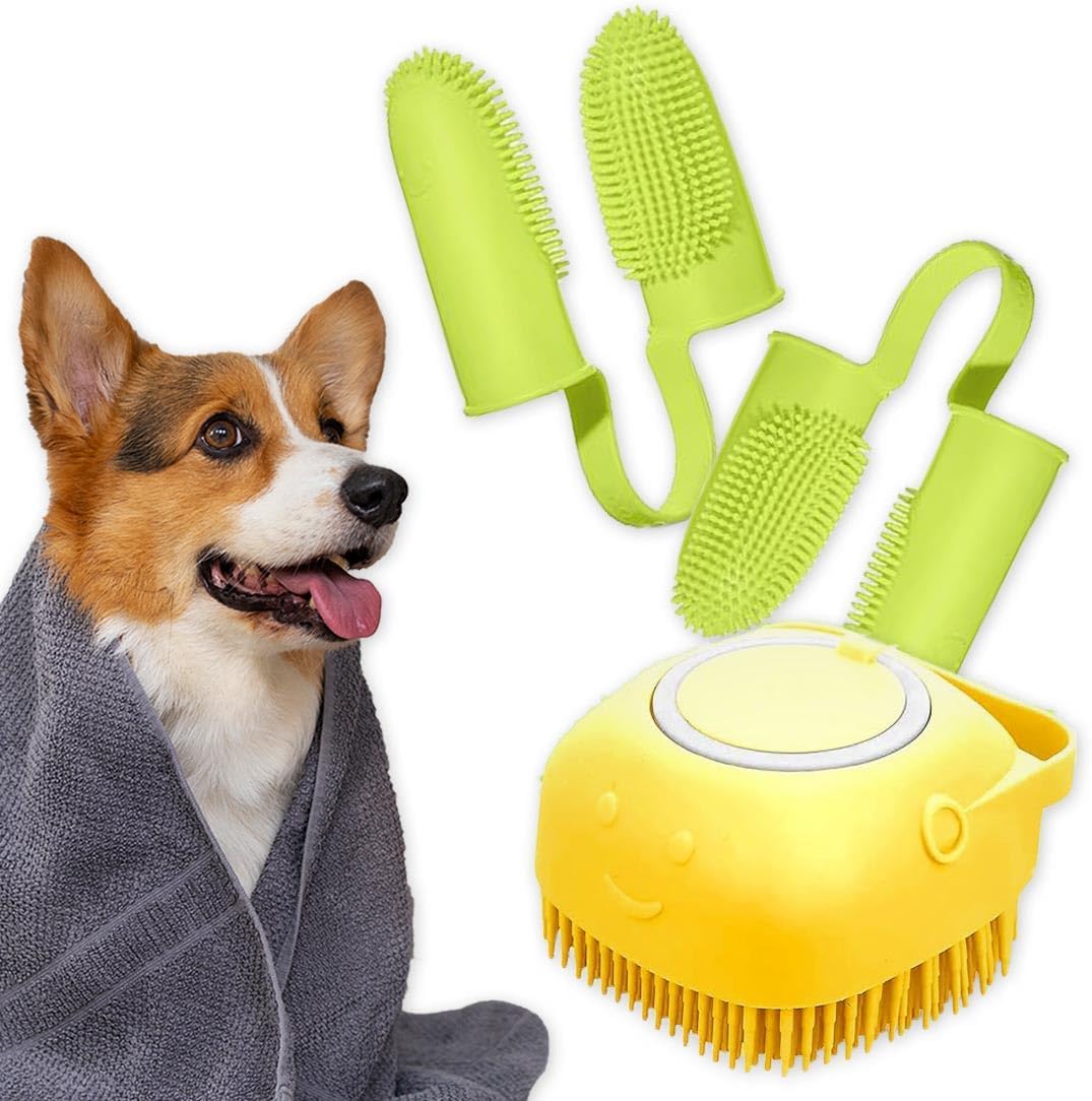 Cepillo de dientes para dedos de perro, cepillo de champú para perros, accesorios para perros cepillo de baño para perros 3 en 1 y kit de cepillo de