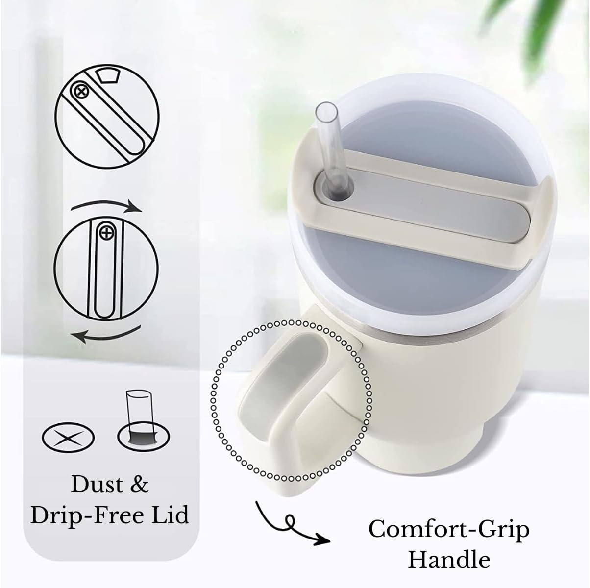 Vaso de 40 onzas con asa y pajita, acero inoxidable, doble capa, aislado al vacío, taza térmica perfecta para agua, té, café (peltre)