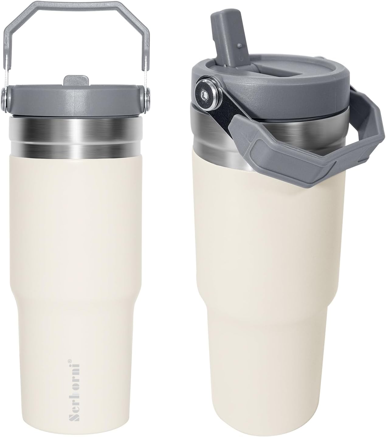 Vaso de 30 onzas con asa y tapa con popote, vasos aislados, portátiles de acero inoxidable, botellas al vacío para agua, simplemente moderno, (crema)