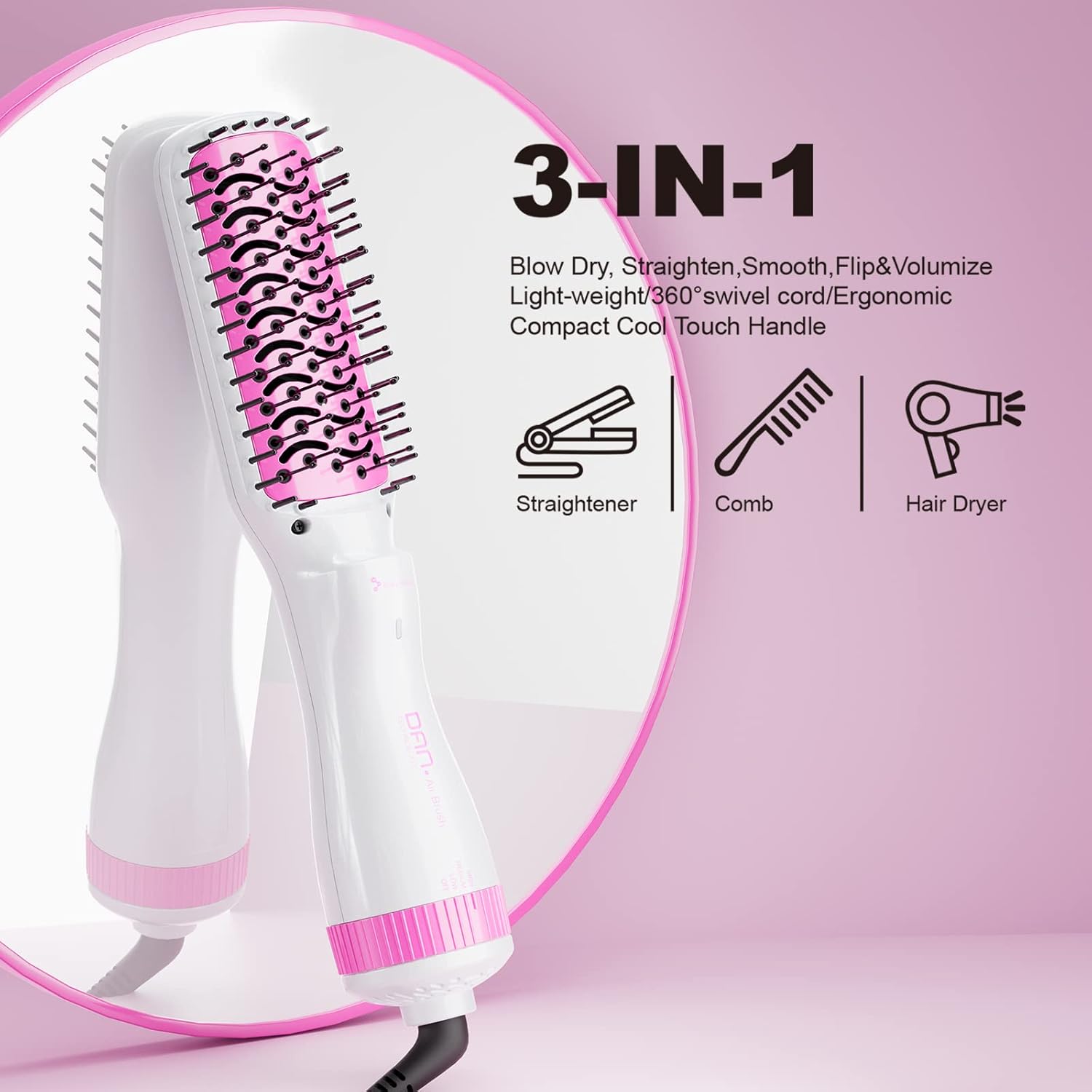 Cepillo secador de pelo de iones negativos, 3 en 1, secador de pelo de paleta de un paso, secador de cepillo de 2 pulgadas, secador de pelo de