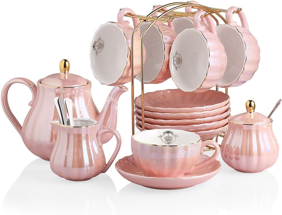 Juegos de té de porcelana de la serie British Royal, tazas y platillo de 8 onzas para 6, con tetera, azucarero, jarra de crema, cucharaditas y