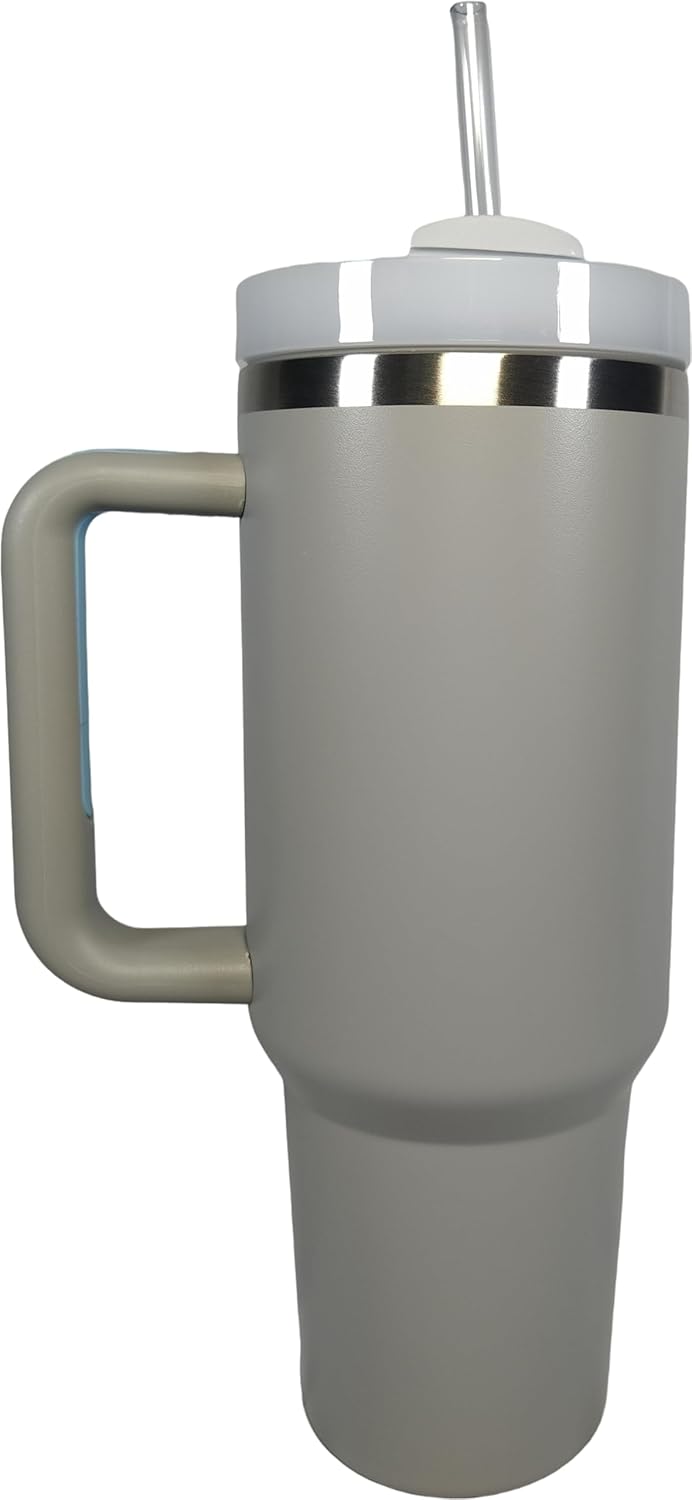 Vaso de 40 onzas con asa y pajita, acero inoxidable, doble capa, aislado al vacío, taza térmica perfecta para agua, té, café (peltre)
