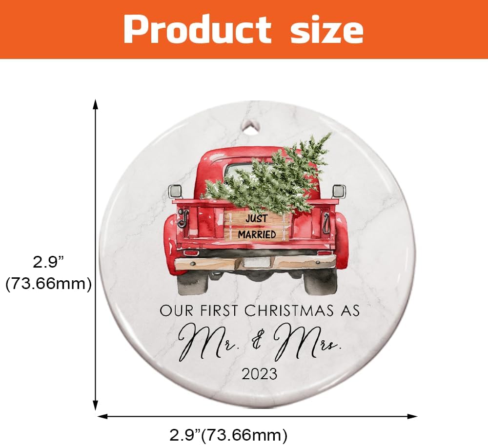 Adorno de camión de cerámica con texto en inglés “Our First Christmas As Mr & Mrs 2023”, decoración roja clásica para árbol de Navidad, casados