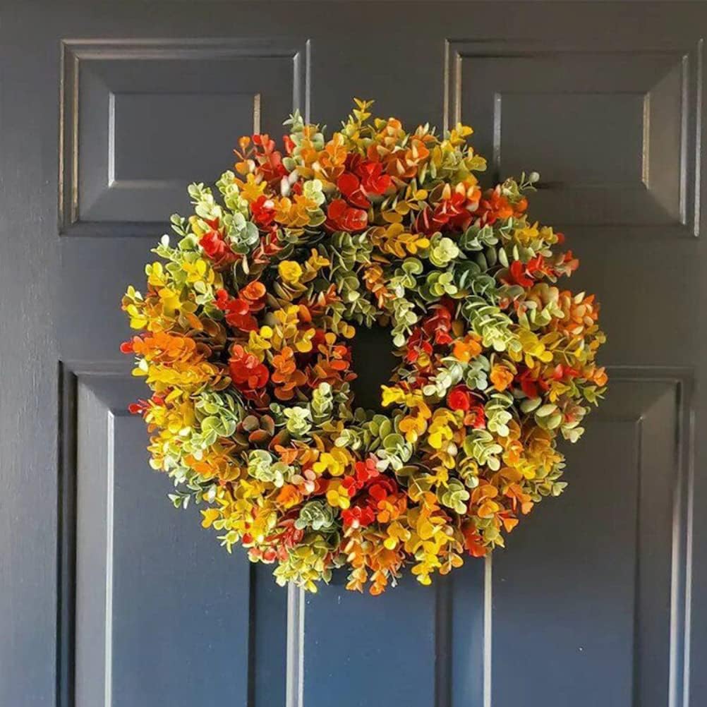 Corona de otoño de simulación de corona de otoño, guirnalda colorida de eucalipto de otoño para puerta delantera, decoración de Acción de Gracias (1)