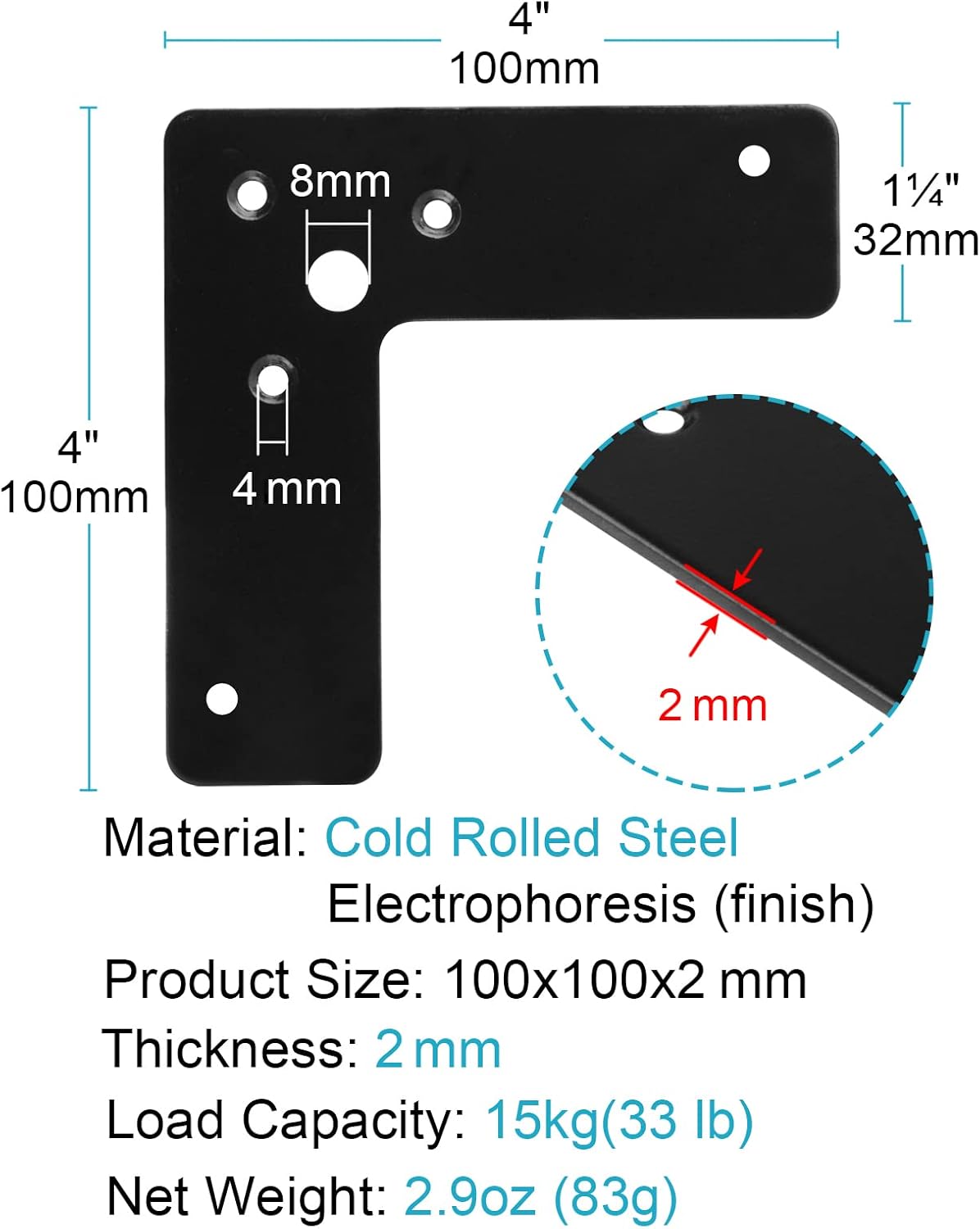 10 unidades de soporte de esquina plano negro de 4 x 4 x 1 pulgadas, en forma de L, placas de reparación de fijación plana, grosor de 0.079